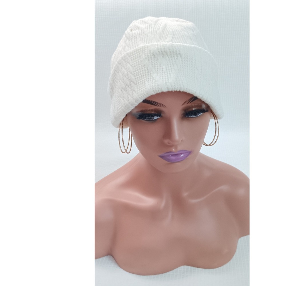 Cream White Cable Knit Slouchy Beanie Cap Winter Hat Womens One Size - Picture 2 of 7